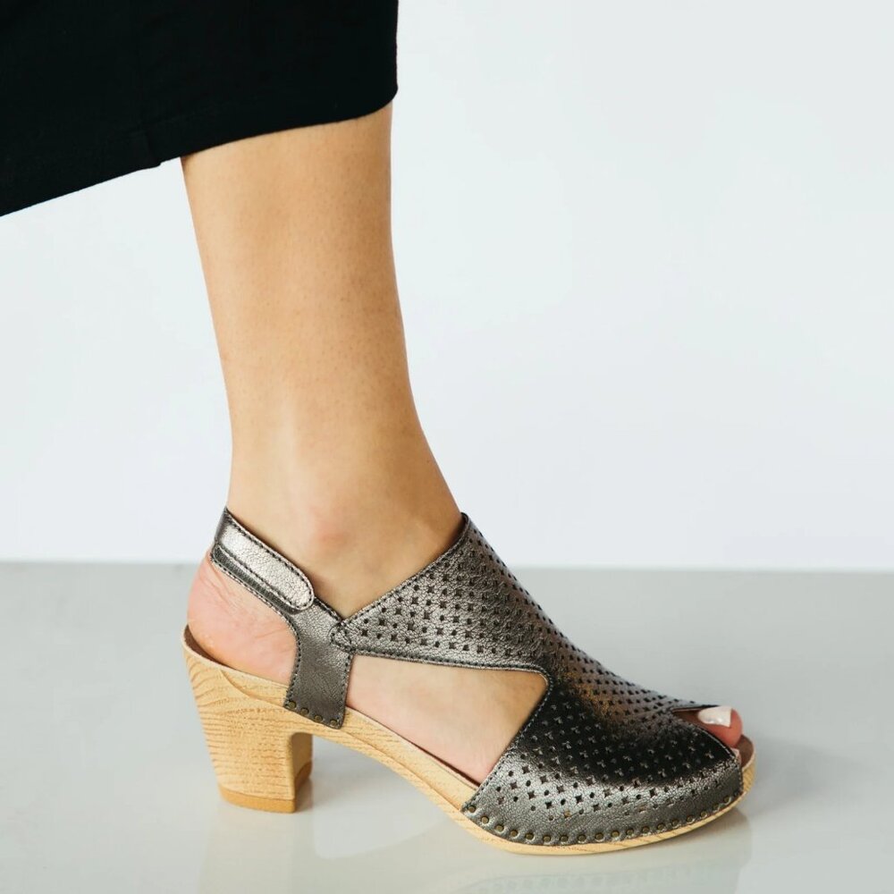 NEW Dansko Teagan Perforated Leather Peep Toe Heeled Sandals in Gunmetal - Picture 1 of 11